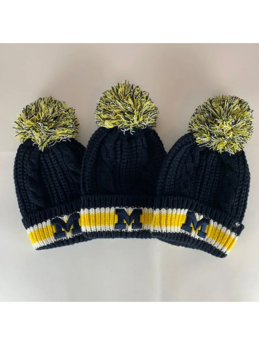 Lot of 3 Michigan Wolverines NCAA Womens Navy Blue Gold 47 Knit Pom Beanie Caps